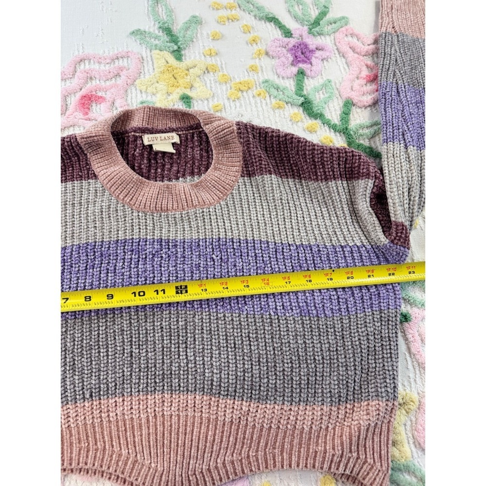 Luv Lane Chenille Striped Cropped Sweater Purple Pink Grey Small - Picture 3 of 7